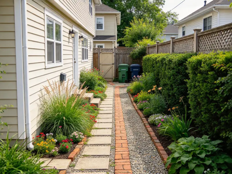 Narrow side yard walkway with pavers and planting