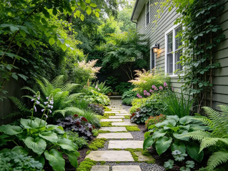 Shaded side yard garden with foliage and light paving