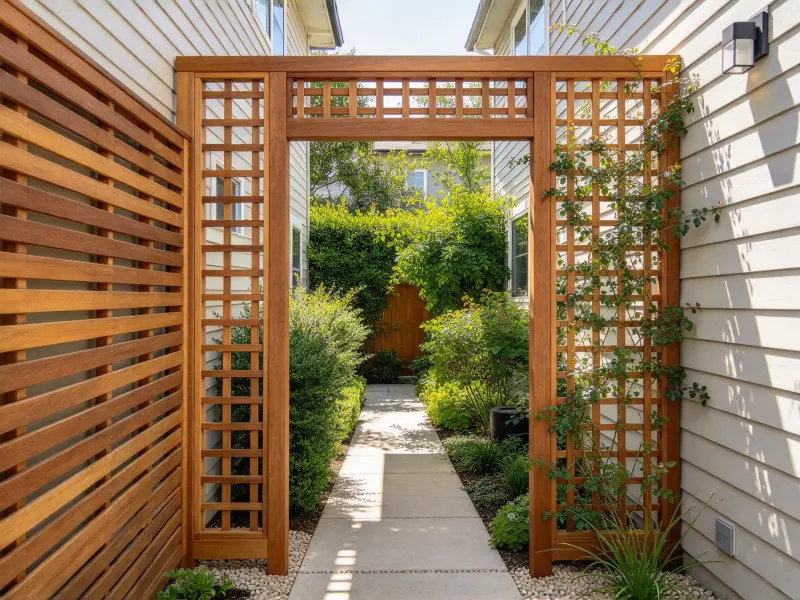 Side yard privacy screen with slats and evergreen planting