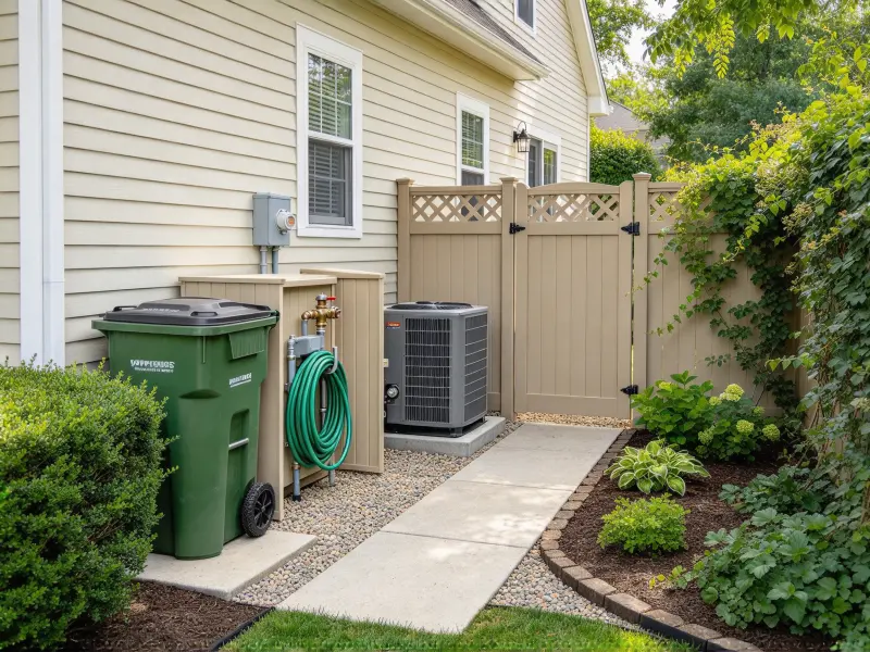 Utility and storage side yard with screened equipment