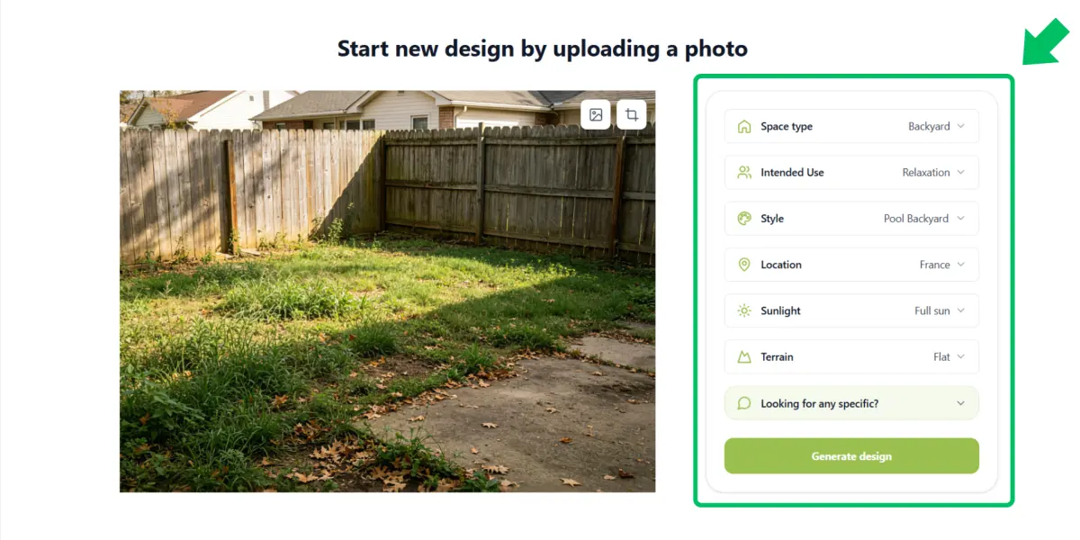 Choosing the style, sunlight, and terrain for an AI landscape design concept