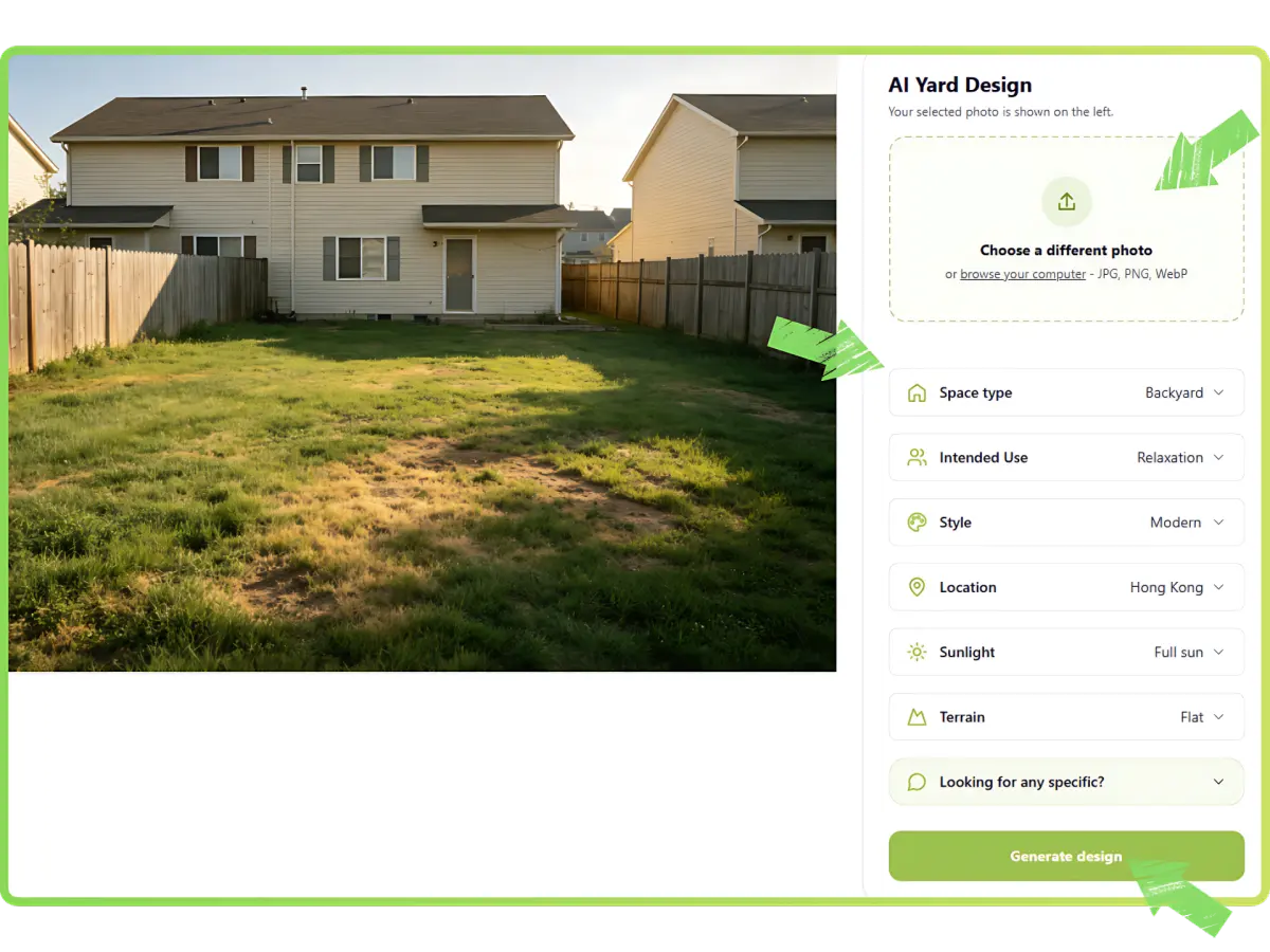 Landscape Design AI upload, style selection, and generation steps