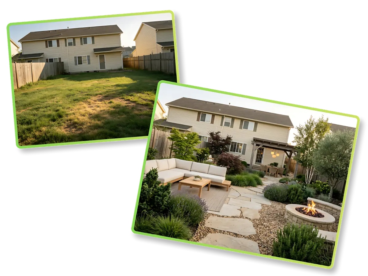 Backyard patio before and after landscape design
