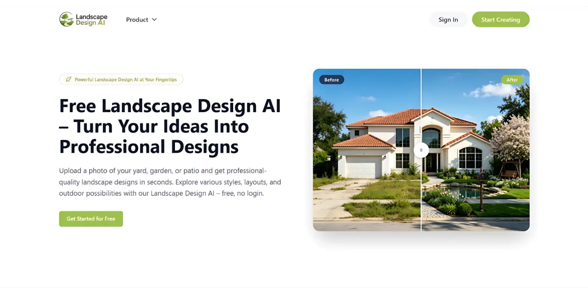 Landscape Design AI interface with before and after design comparison