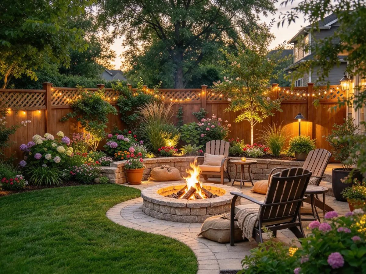 Fire pit at the lawn edge in a landscaped garden corner