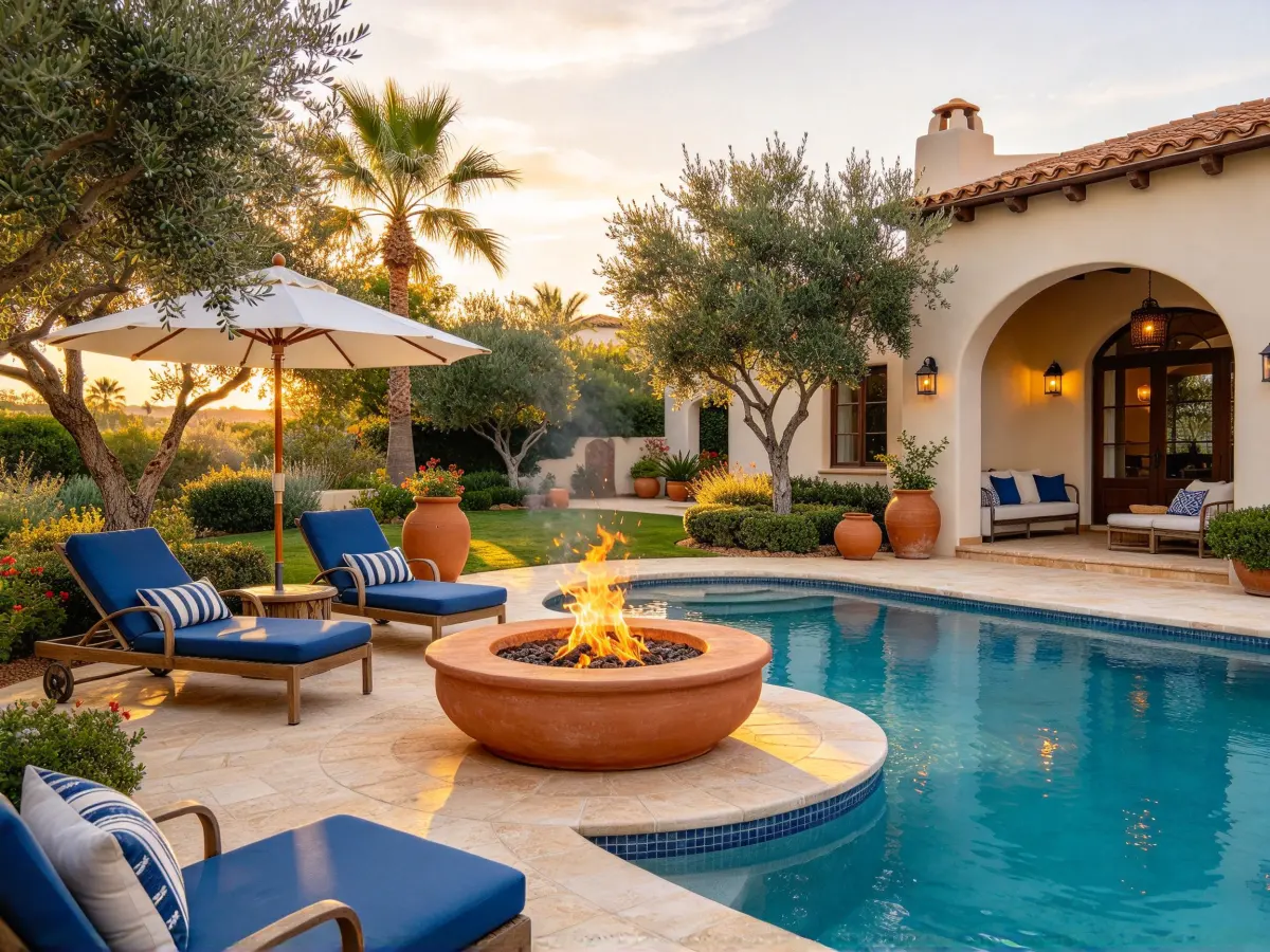 Fire feature beside a pool in a sloped backyard