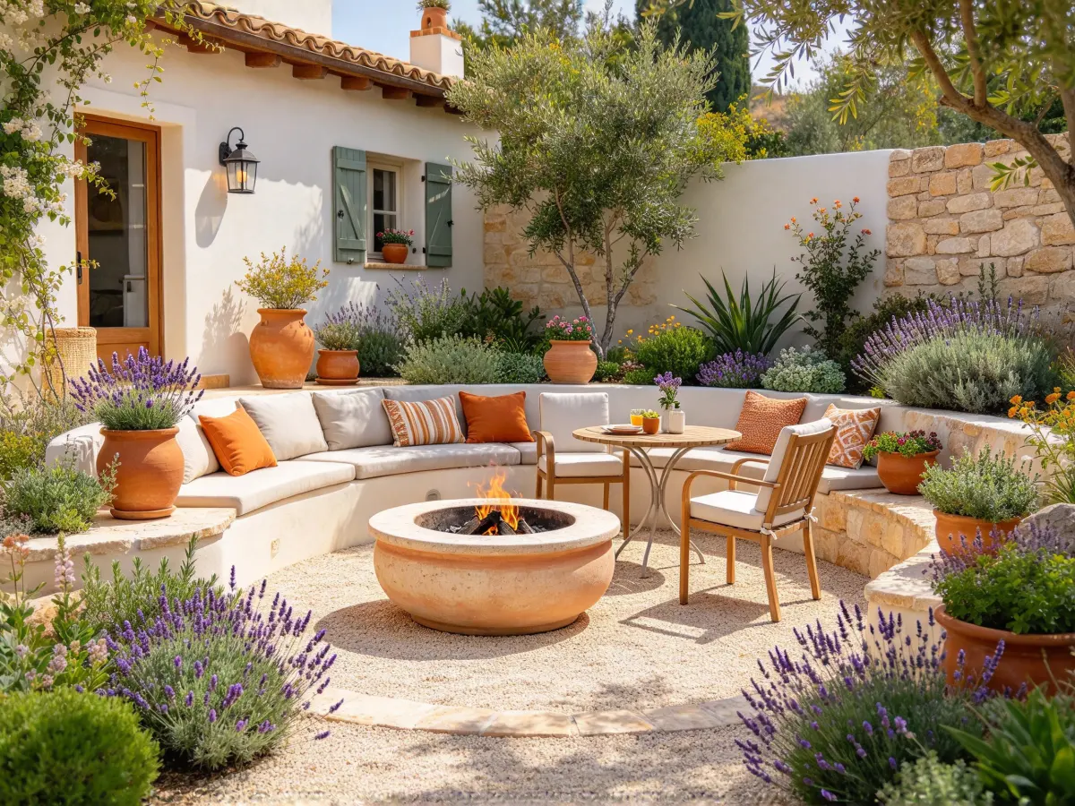 Mediterranean-inspired fire pit corner with warm planting