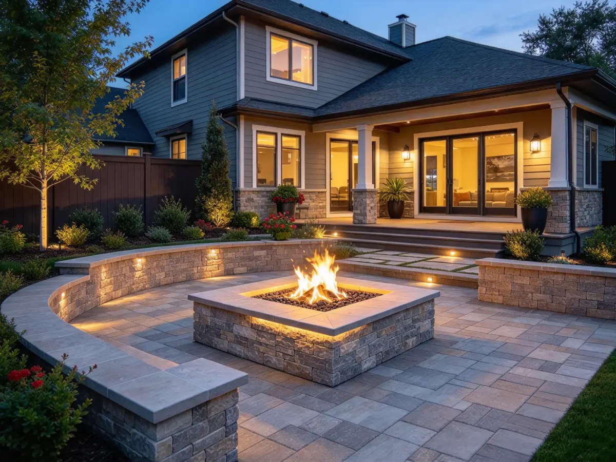 Built-in fire pit integrated into a backyard landscape