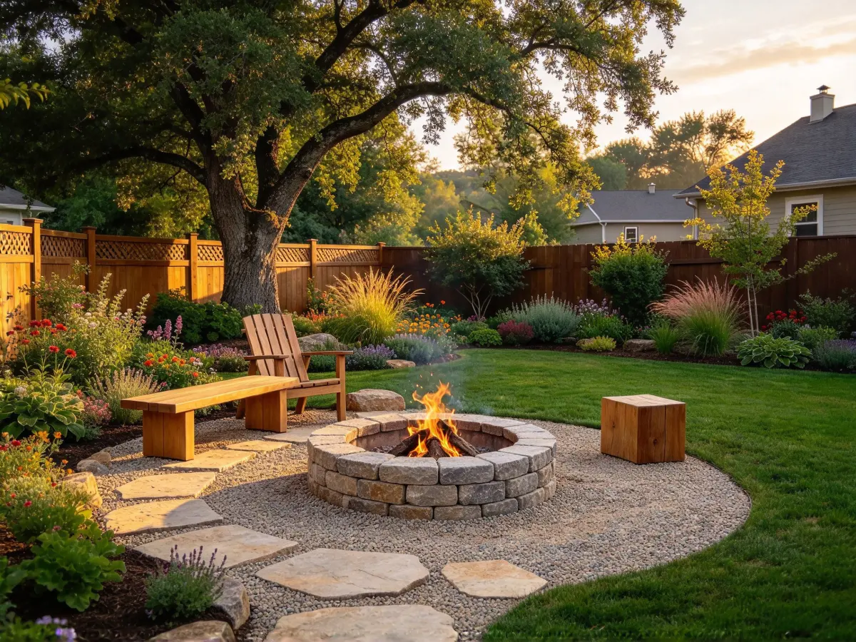 Natural stone fire pit retreat with gravel seating area