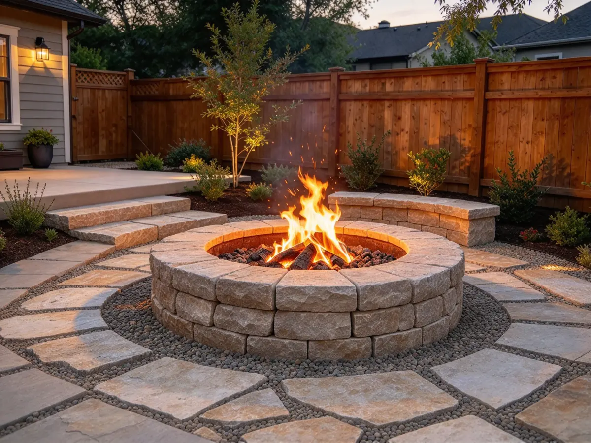 Pavers and gravel defining a fire pit ground plane