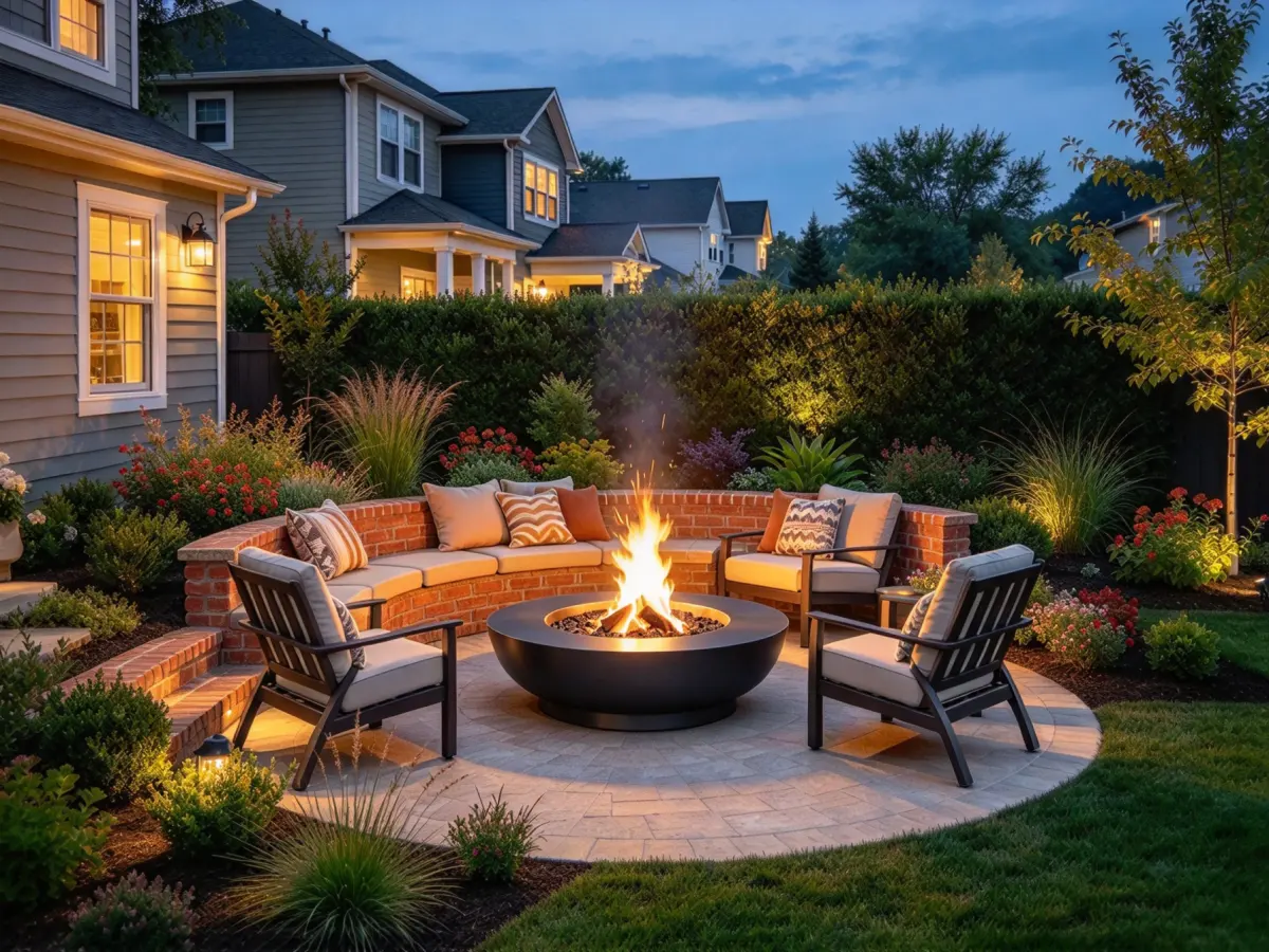 Layered seating and planting around a backyard fire pit