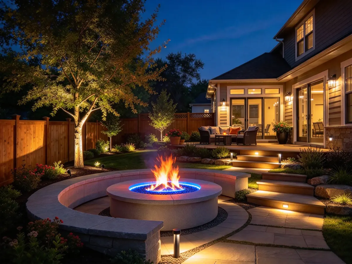 Path lighting around a backyard fire pit area