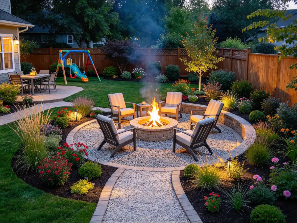 Medium backyard fire pit area connected by landscaping