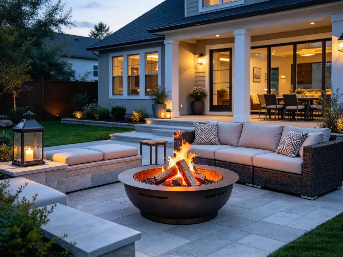 Fire pit area positioned near an outdoor patio