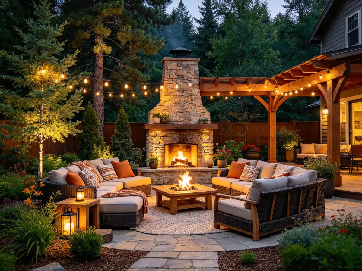 Fire pit gathering area with seating in a backyard