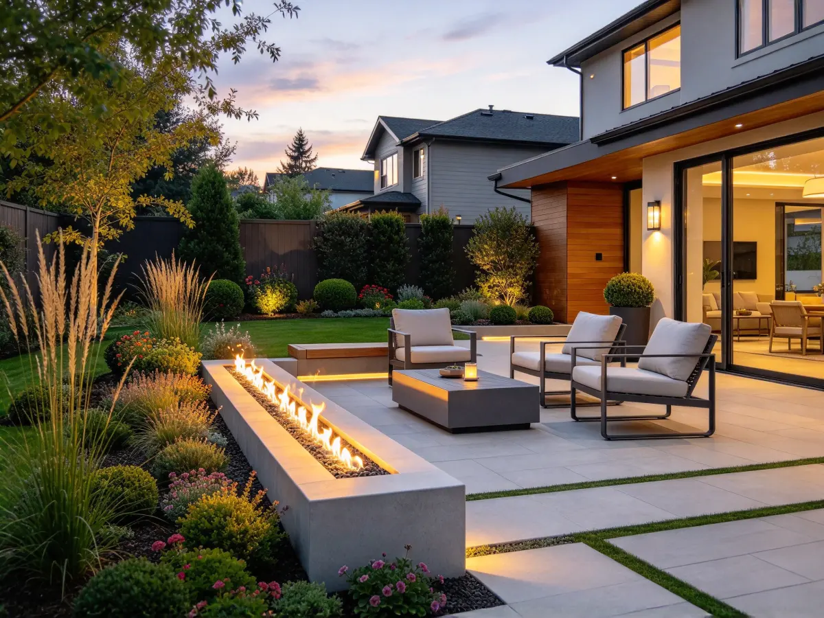 Linear fire feature beside a modern patio lounge