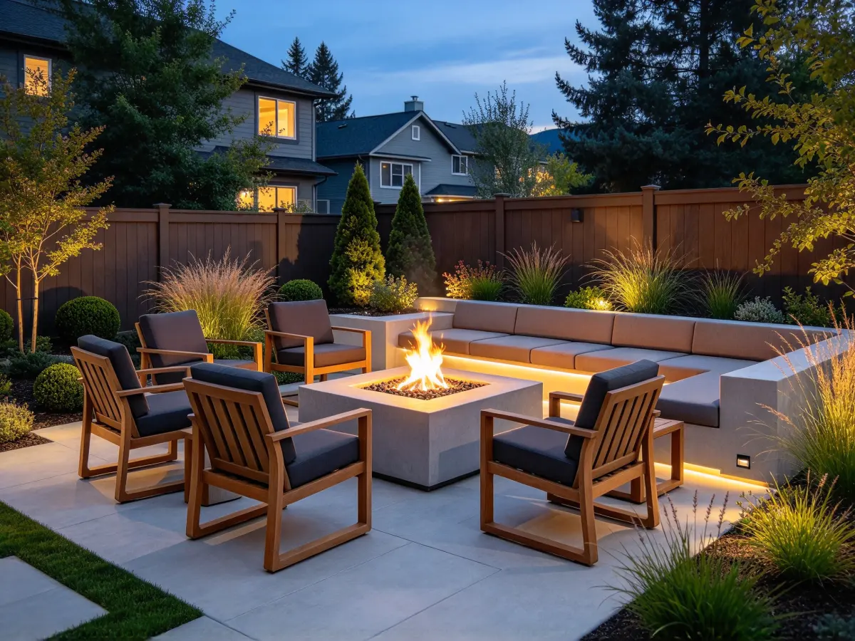 Square fire pit anchoring an outdoor seating group
