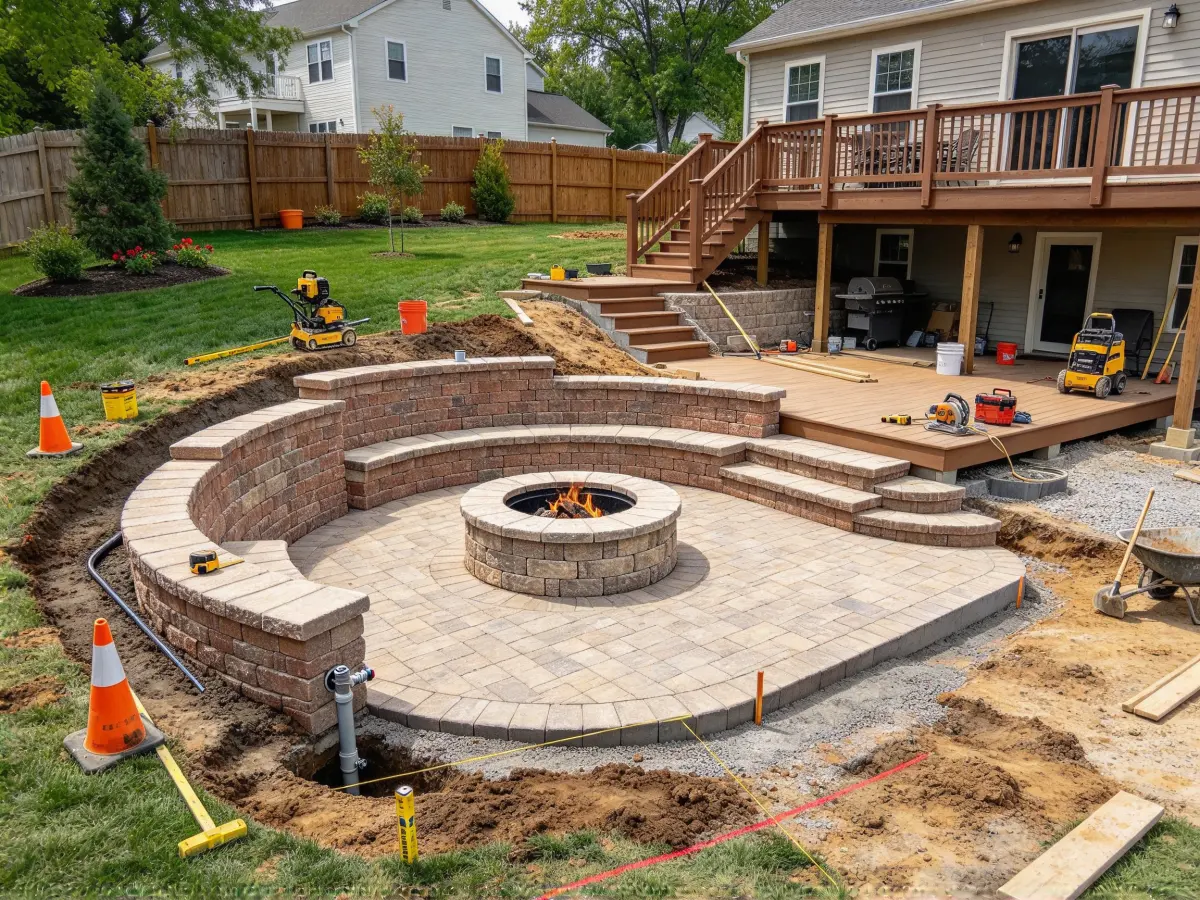 Landscape professional planning a backyard fire pit area