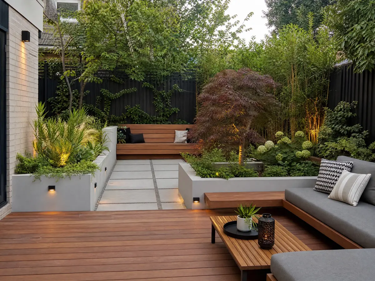 Small backyard layout designed to feel larger with seating and planting