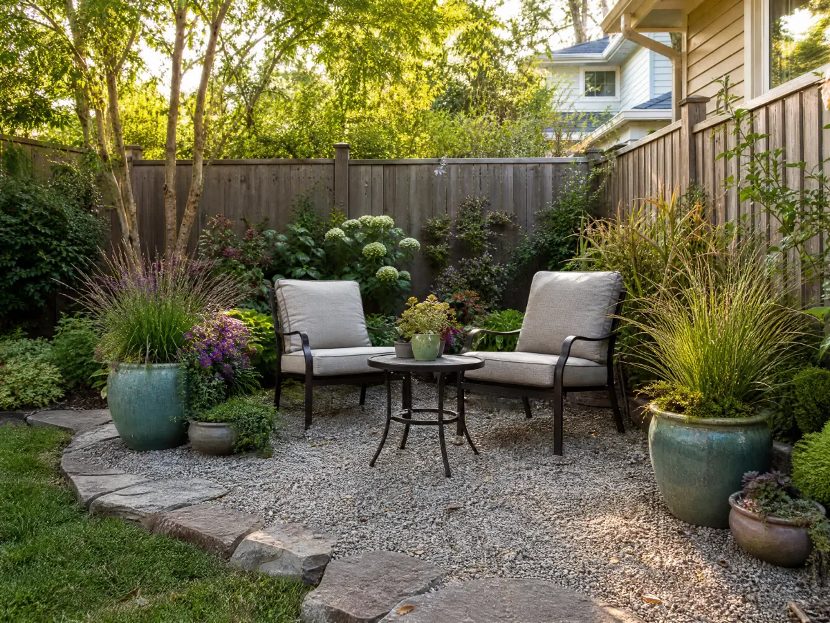 Compact backyard using paving and vertical planting to feel larger
