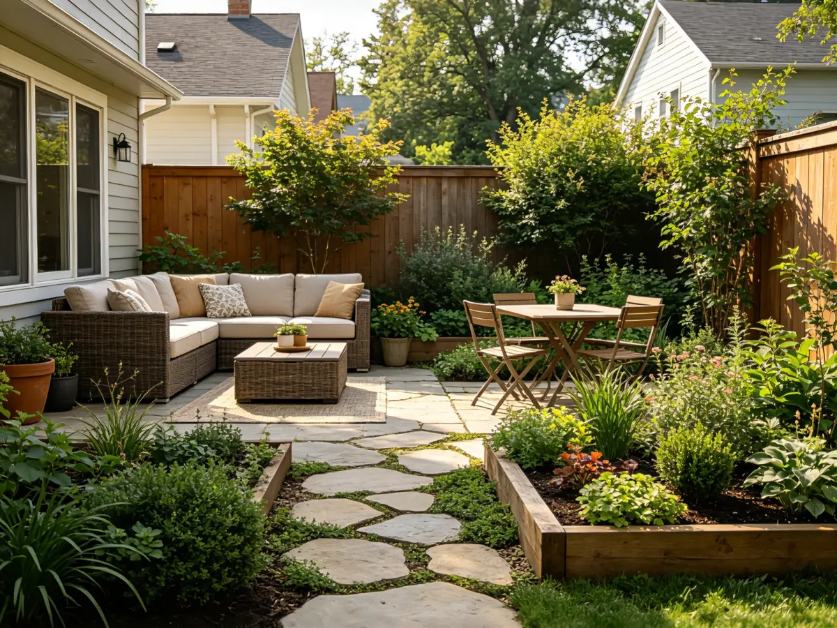 Small backyard design with a stylish outdoor seating area and layered planting