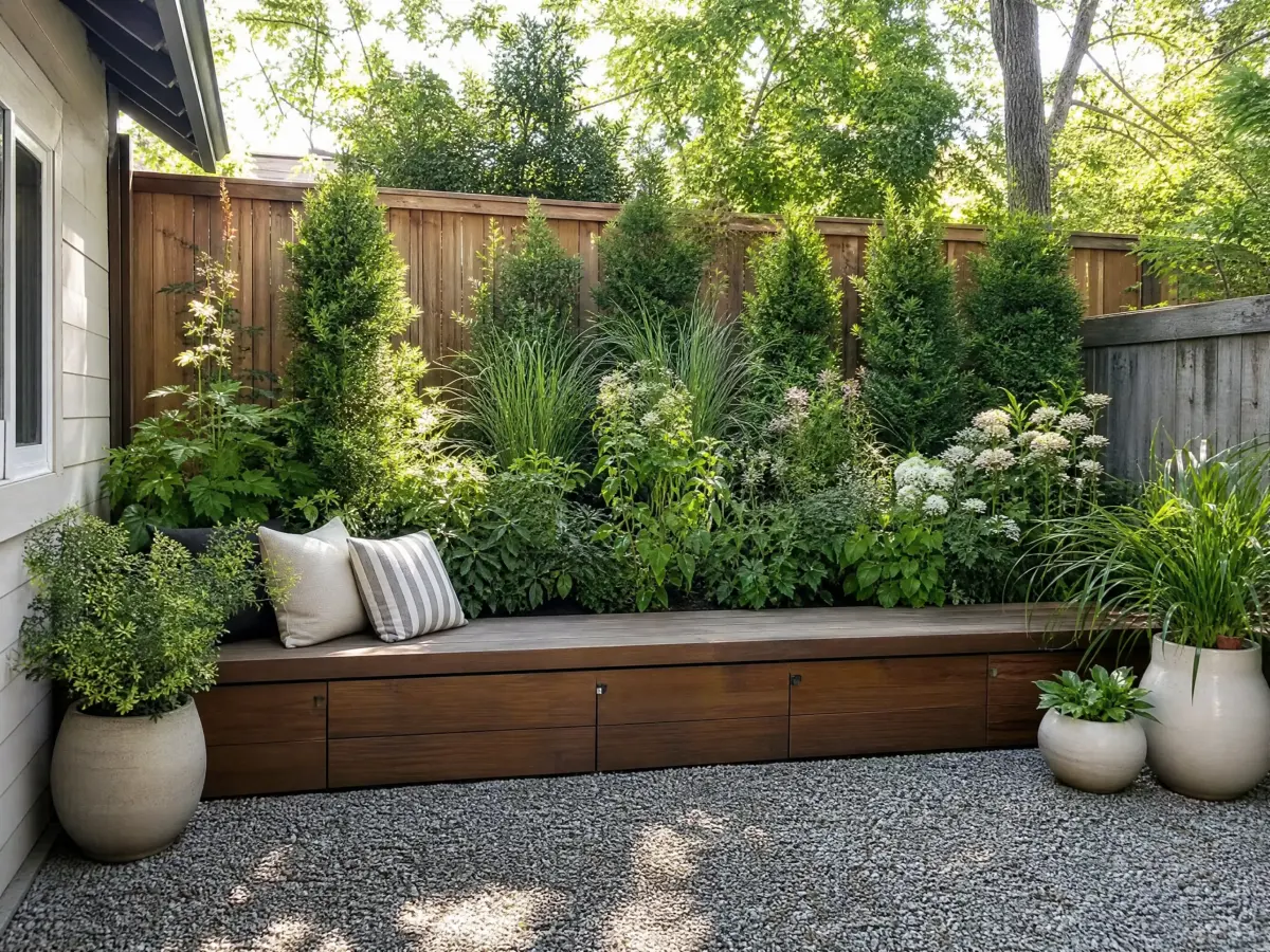 Layered planting in a small backyard designed for scale