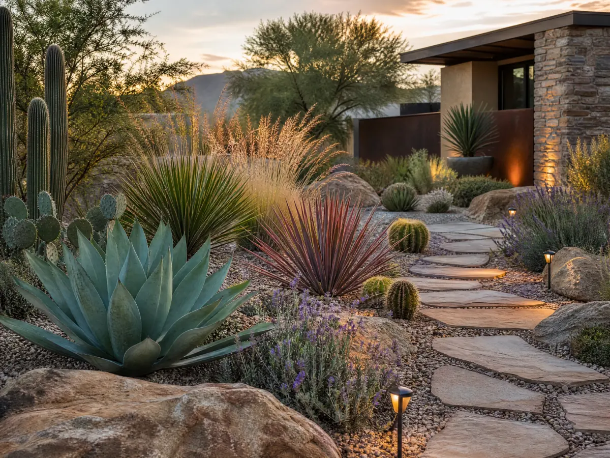 Desert xeriscape landscape design with drought-adapted plants
