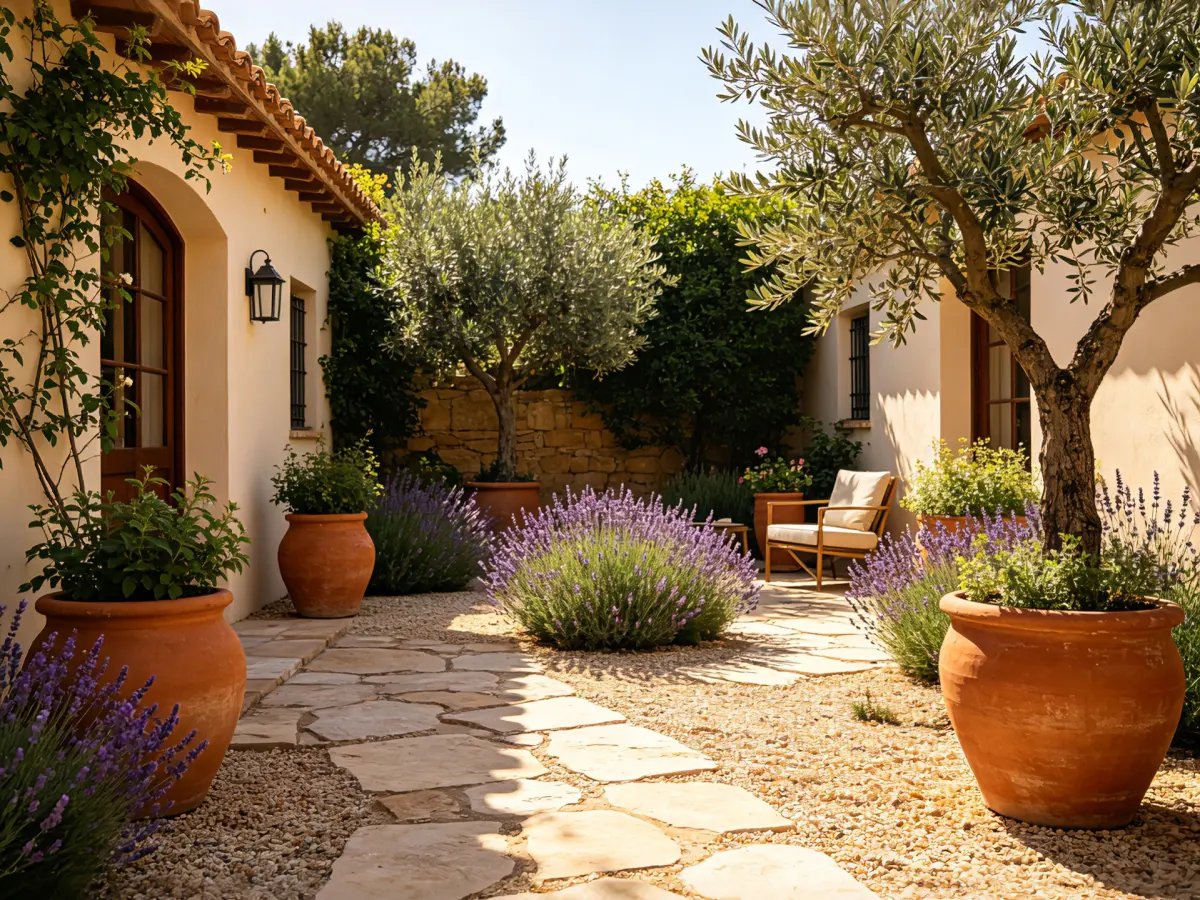 Mediterranean landscape design with warm stone and drought-tolerant plants