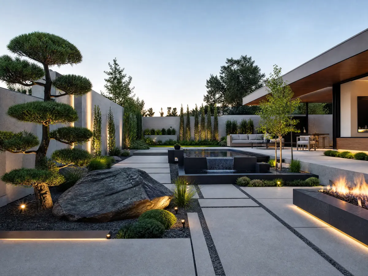 Modern landscape design with clean geometry and architectural planting