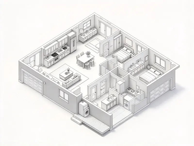 Wireframe 3D floor plan rendering style