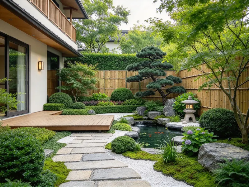 Asian backyard garden with layered planting and a stone path