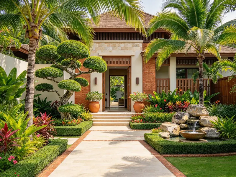 Asian front yard garden with a clear stone entry path