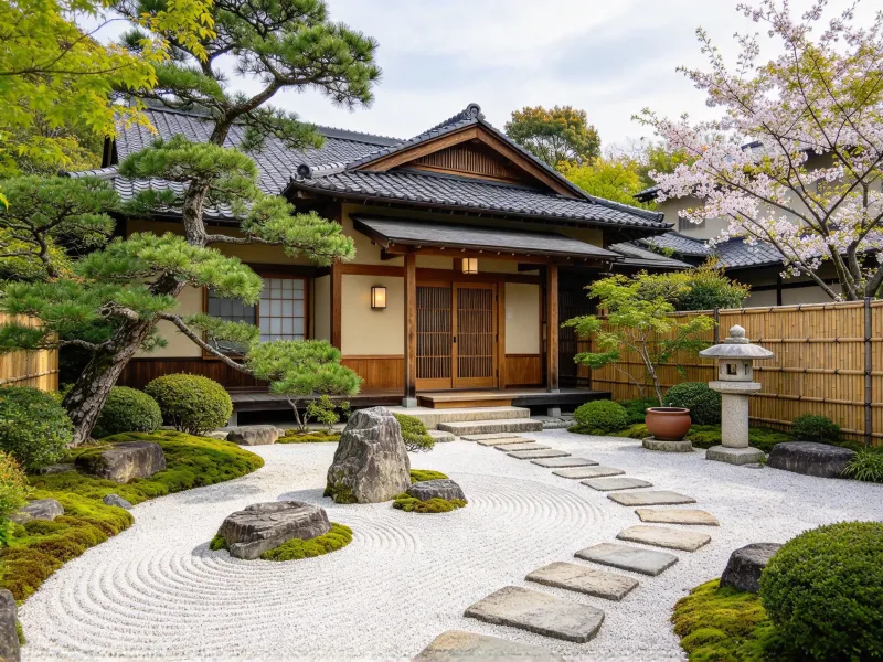 Illustrative Asian garden design with stone, foliage, water and architectural details