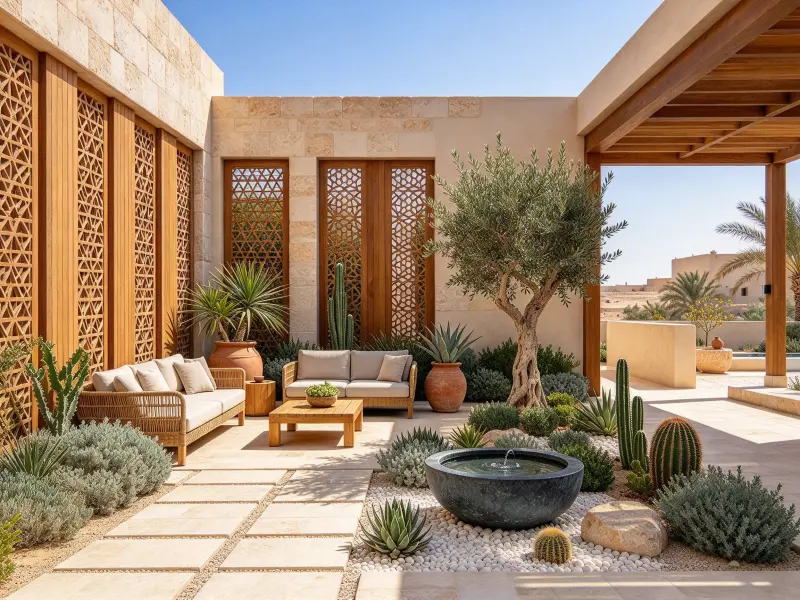 Asian patio with planters and natural stone paving