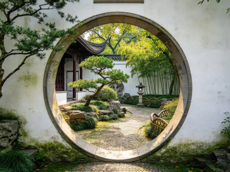 Moon gate and decorative detail in an Asian garden