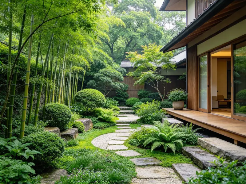 Layered Asian garden planting with trees and bamboo