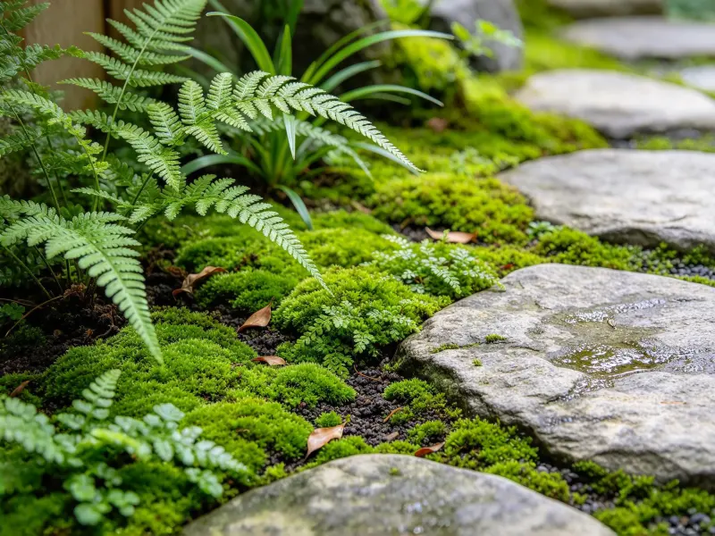 Moss-covered ground and low planting layers in an Asian garden