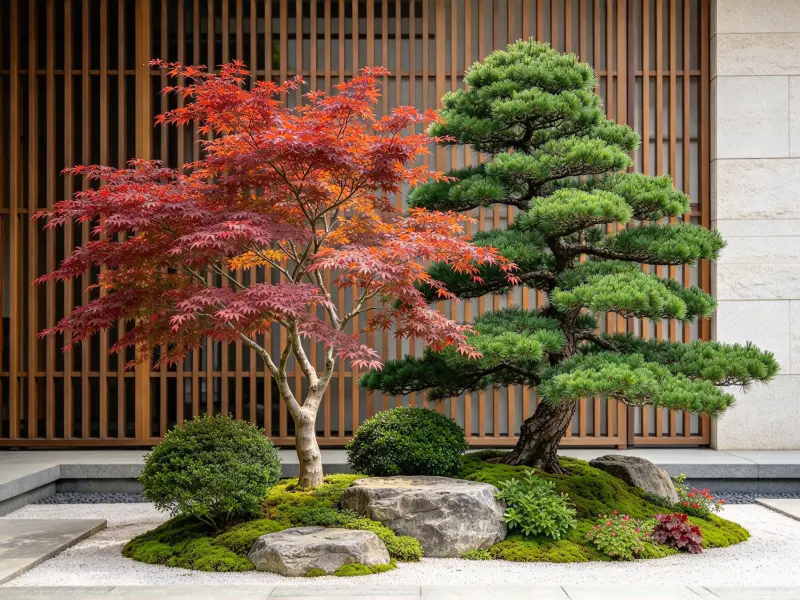Asian garden plant layers with maples, pines and ferns
