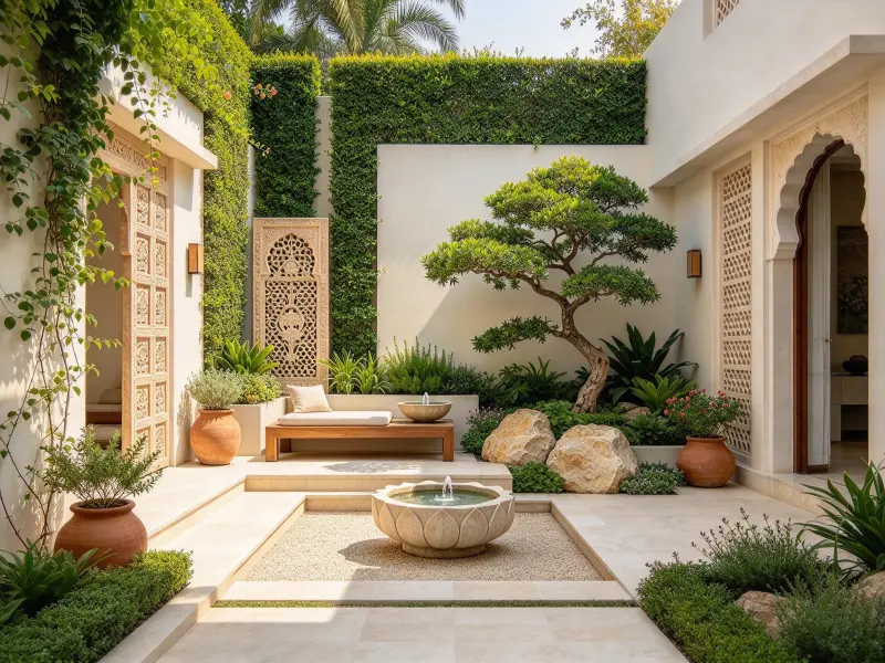 Small Asian courtyard with compact planting and paving
