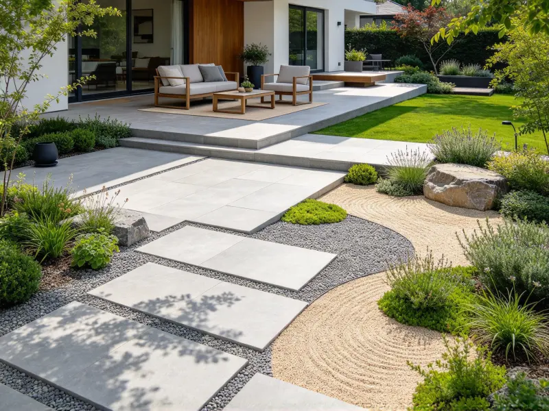 Natural stone paving in an Asian garden