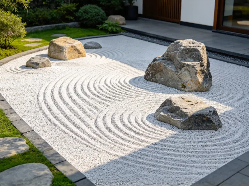 Stepping stones and stone texture in an Asian garden