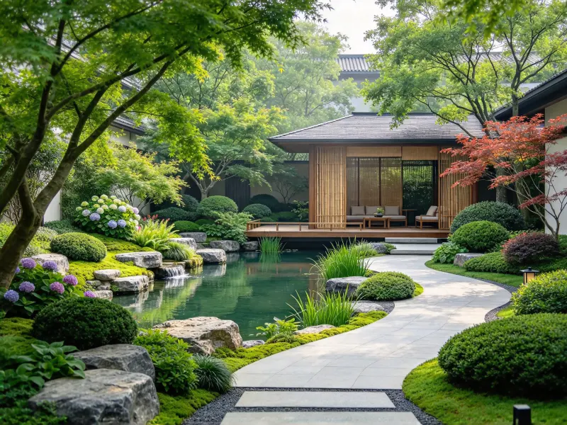 Reflective water feature in an Asian garden