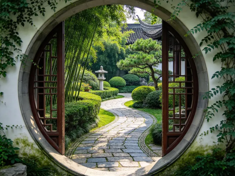 Framed garden view with a water feature