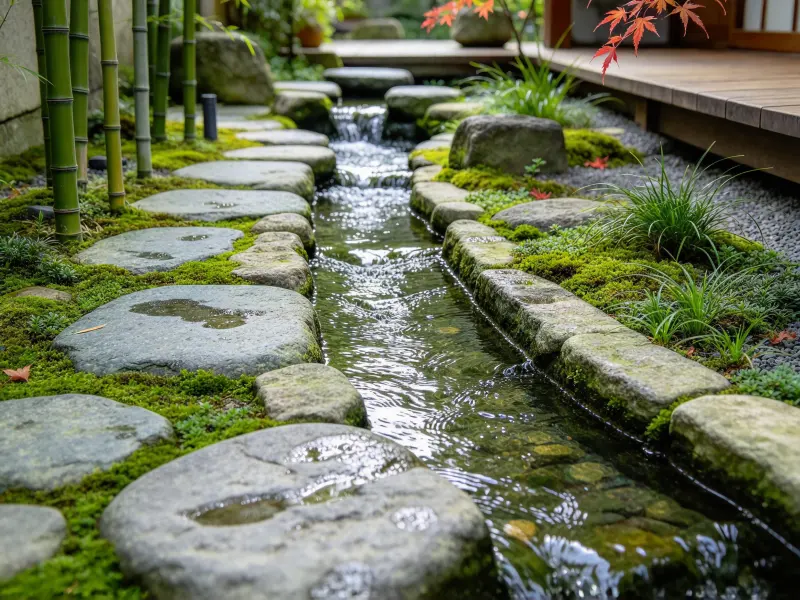 Water and winding path composition in an Asian garden