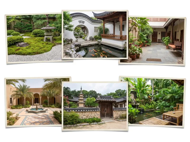 Illustrative Asian garden with layered planting, stone and water